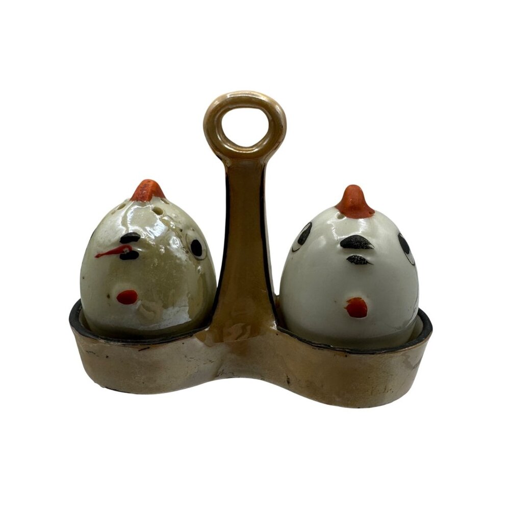 Vintage Chicken Salt & Pepper Shakers With Holder Ceramic Made In Japan